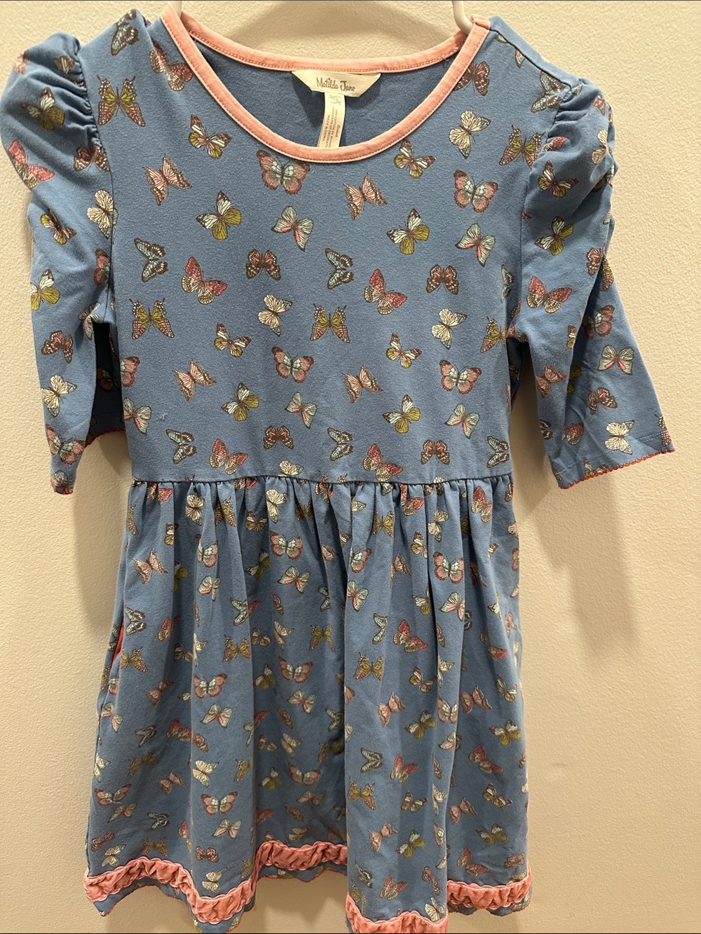 Matilda Jane Blue Butterfly Print Dress with Pink Trim